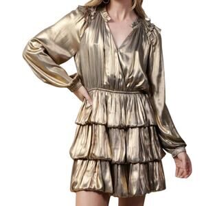 Current Air Ornament Gold Metallic Long Sleeve Tiered Mini Holiday Party Dress